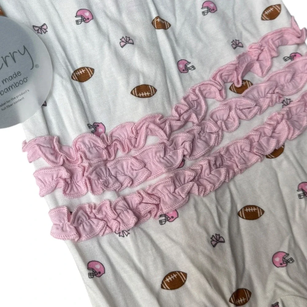 NWT Milkberry Bamboo Football Ruffle Footie & Headband Set Pink White 3-6M NEW